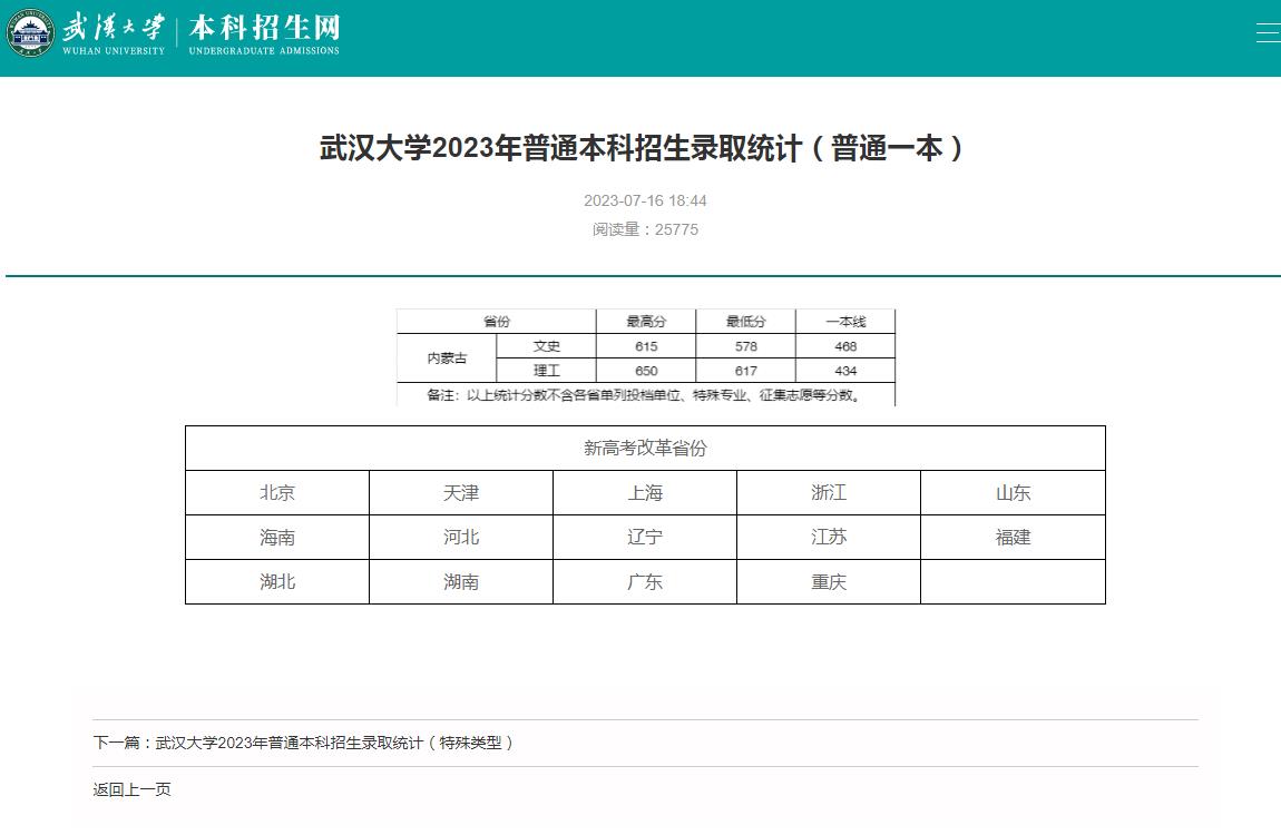 武汉大学2023年普通本科招生录取分数线（普通一本）