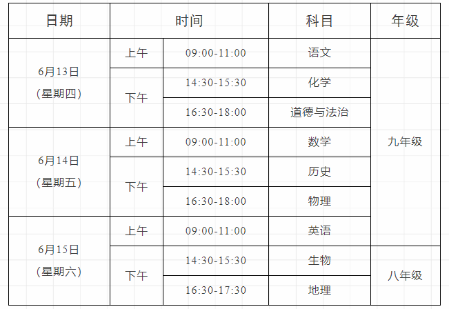 中考科目具体时间安排_中考科目时间2021具体时间_中考考试时间科目安排表