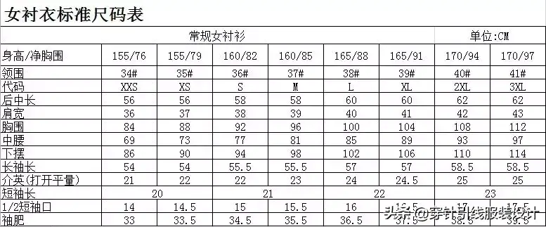 女衬衫规格尺寸表，女衬衫标准尺寸（图片）